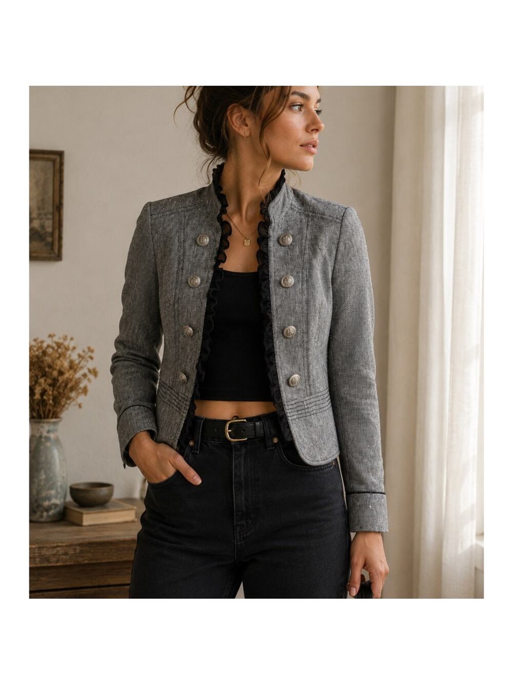 Steampunk Military Open Front Jacket Gray Wool Blend Buttons Ruffle Victorian XS